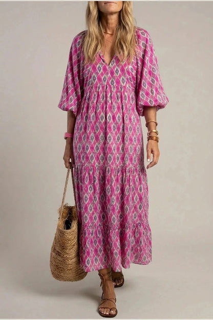 V Neck Tiered Maxi Smock Dress With Balloon Sleeves