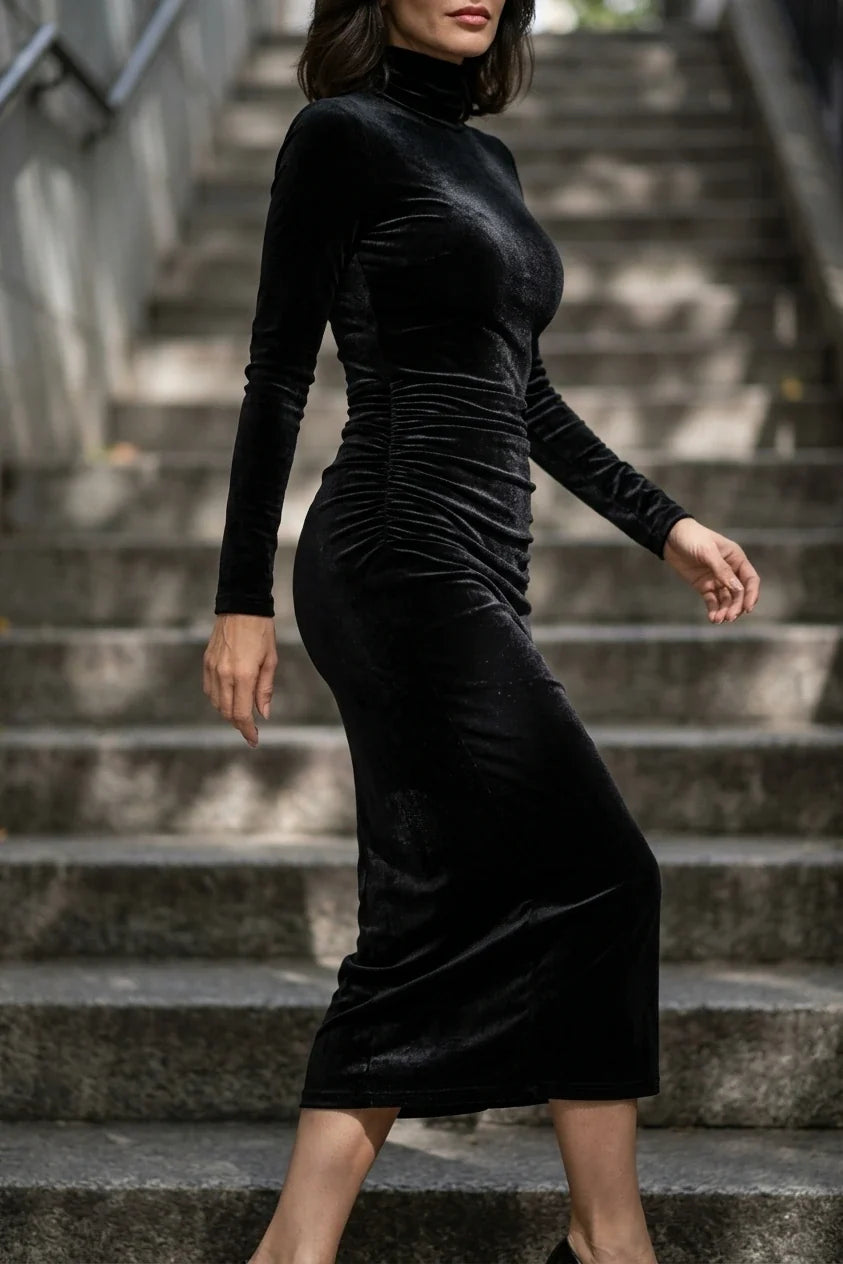 Camille | Ruched Velvet Midi Dress — variant_front