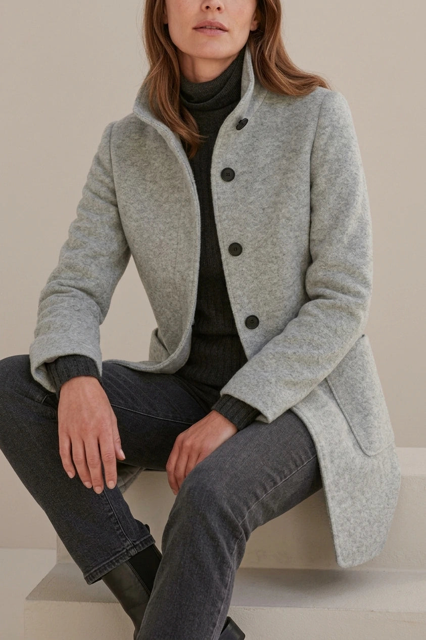 Women's Stand Collar Coat with Button Front and Patch Pockets — variant_front