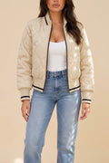 Women’s Quilted Bomber Jacket – Ribbed High Neck Zip-Up Coat