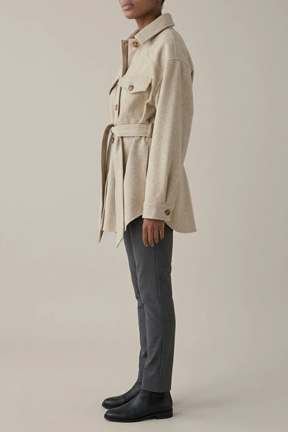 Women's Belted Shacket with Button Front and Chest Pockets — variant_front