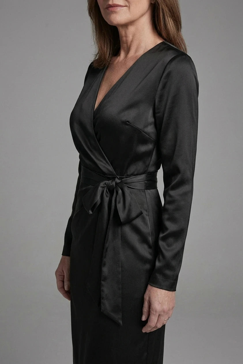 Satin Wrap Midi Dress With V-Neck Tie Waist And Long Sleeves