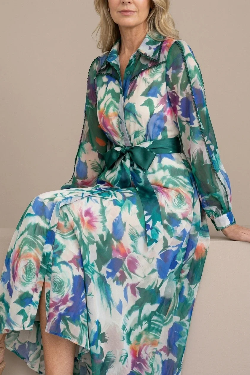 Carolina | Long Sleeve Printed Belted Maxi Dress — variant_front