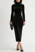 Ruched Velvet Midi Dress, Long Sleeve Turtleneck, Fitted Silhouette