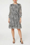 Animal Print Long Sleeve Dress Tie Waist Midi With Sheer Sleeve Ruffle Hem