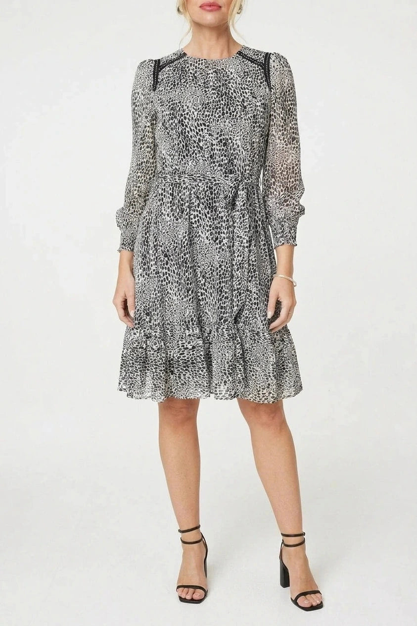 Animal Print Long Sleeve Dress Tie Waist Midi With Sheer Sleeve Ruffle Hem