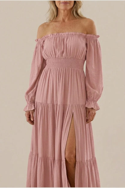 Aveline | Off Shoulder Long Sleeve Smocked Maxi Dress — variant_front