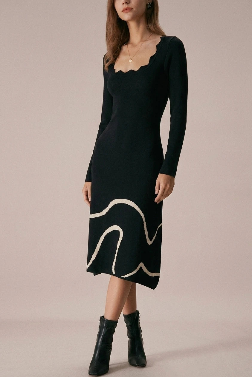 The Black Wave Scalloped Sweater Midi Dress — variant_front