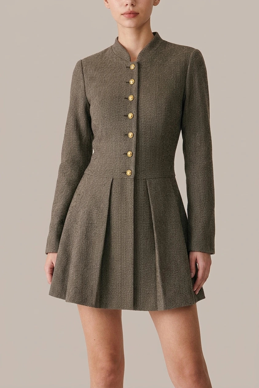 Brown Button Pleated Mini Dress — variant_front