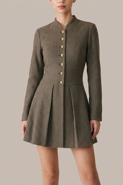 Brown Button Pleated Mini Dress — variant_front