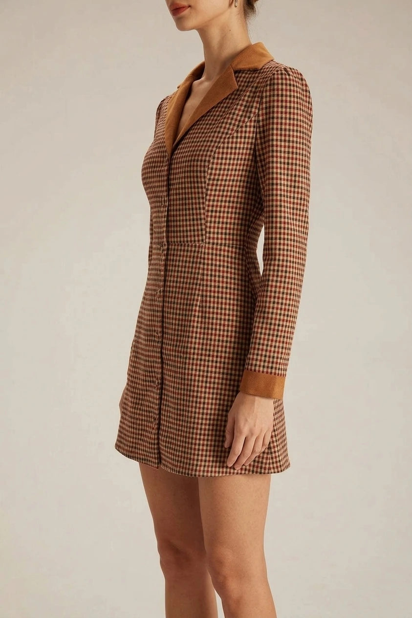 The Brown Plaid Spliced Suede Mini Dress — variant_front