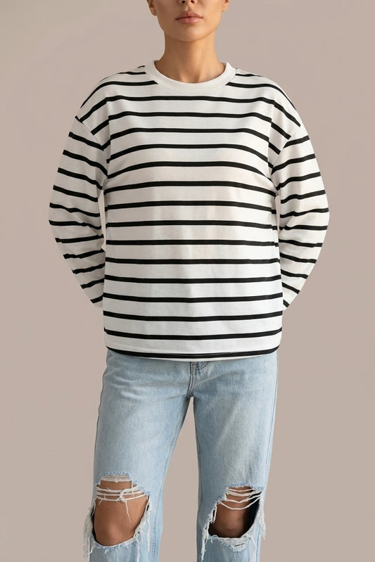 Relaxed Striped Crew Neck Sweatshirt with Ribbed Cuffs — variant_front