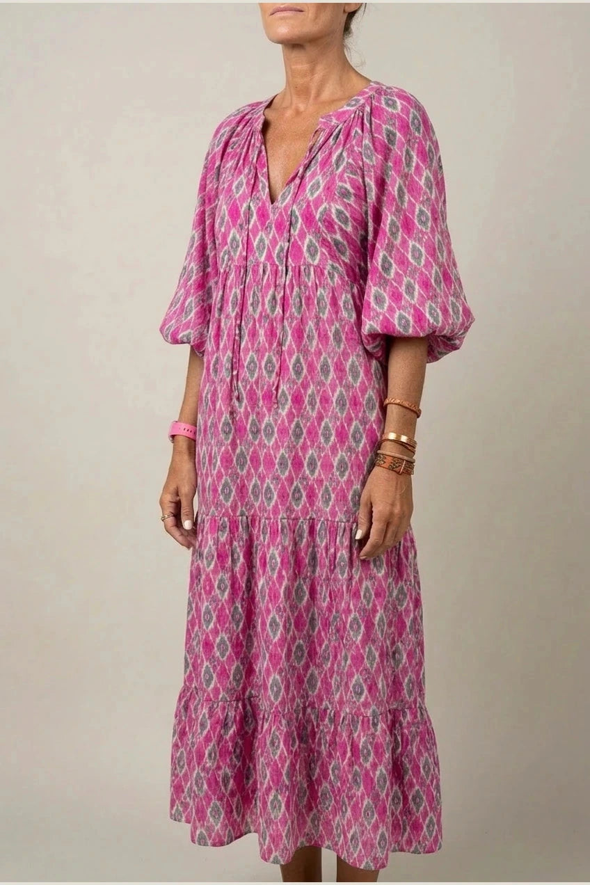 V Neck Tiered Maxi Smock Dress With Balloon Sleeves