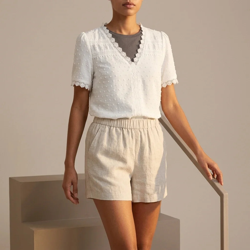 Bohemian Lace Trim Blouse with Swiss Dot Texture and V-Neckline — variant_front