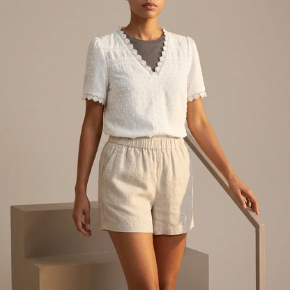 Bohemian Lace Trim Blouse with Swiss Dot Texture and V-Neckline — variant_front