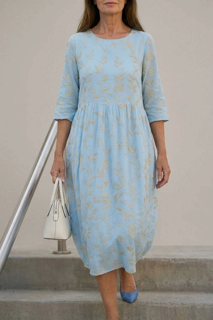 Shoreline Garden Dress, Embroidered Midi Dress With Round Neck And 3/4 Sleeves