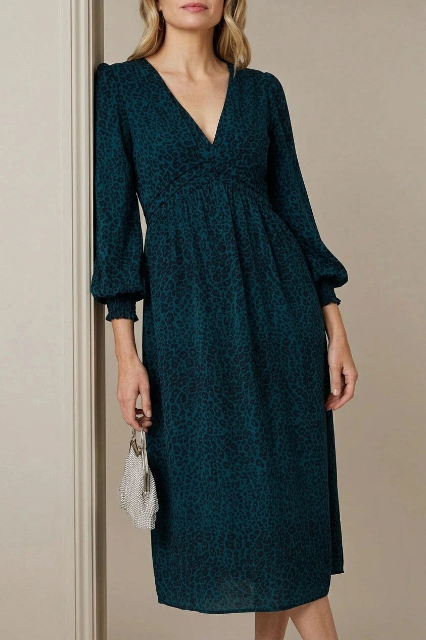 Animal Print Long Puff Sleeve Midi Dress V-Neck Empire Waist