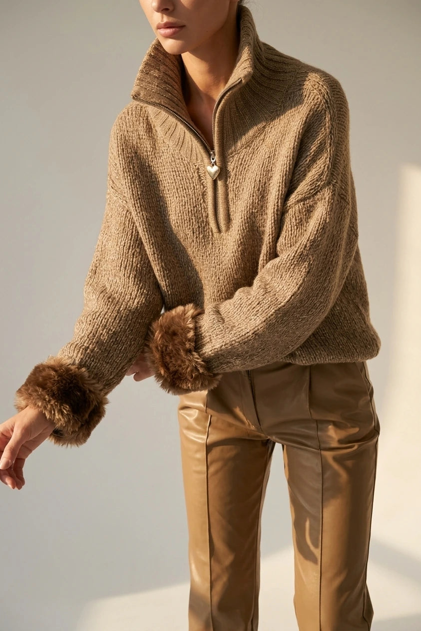Cozy Half Zip Chunky Knit Sweater with Fur Cuffs — variant_front