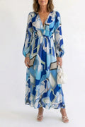 Printed Long Sleeve V-Neck Maxi Dress With Smocked Waist
