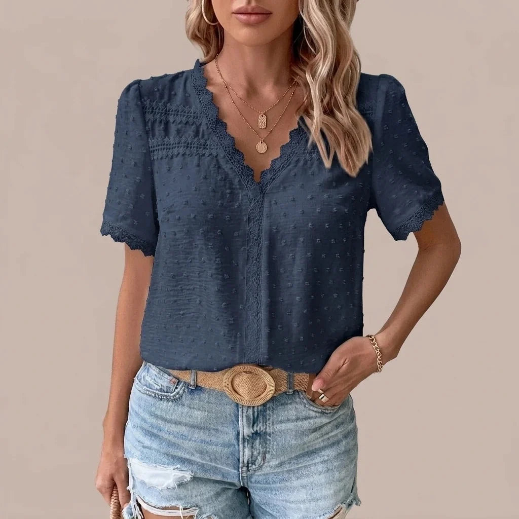 Bohemian Lace Trim Blouse with Swiss Dot Texture and V-Neckline — variant_front