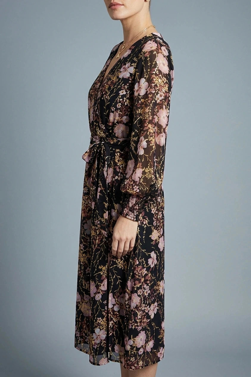 Foiled Floral Print Wrap Midi Dress With Belted Waist And Long Sleeves