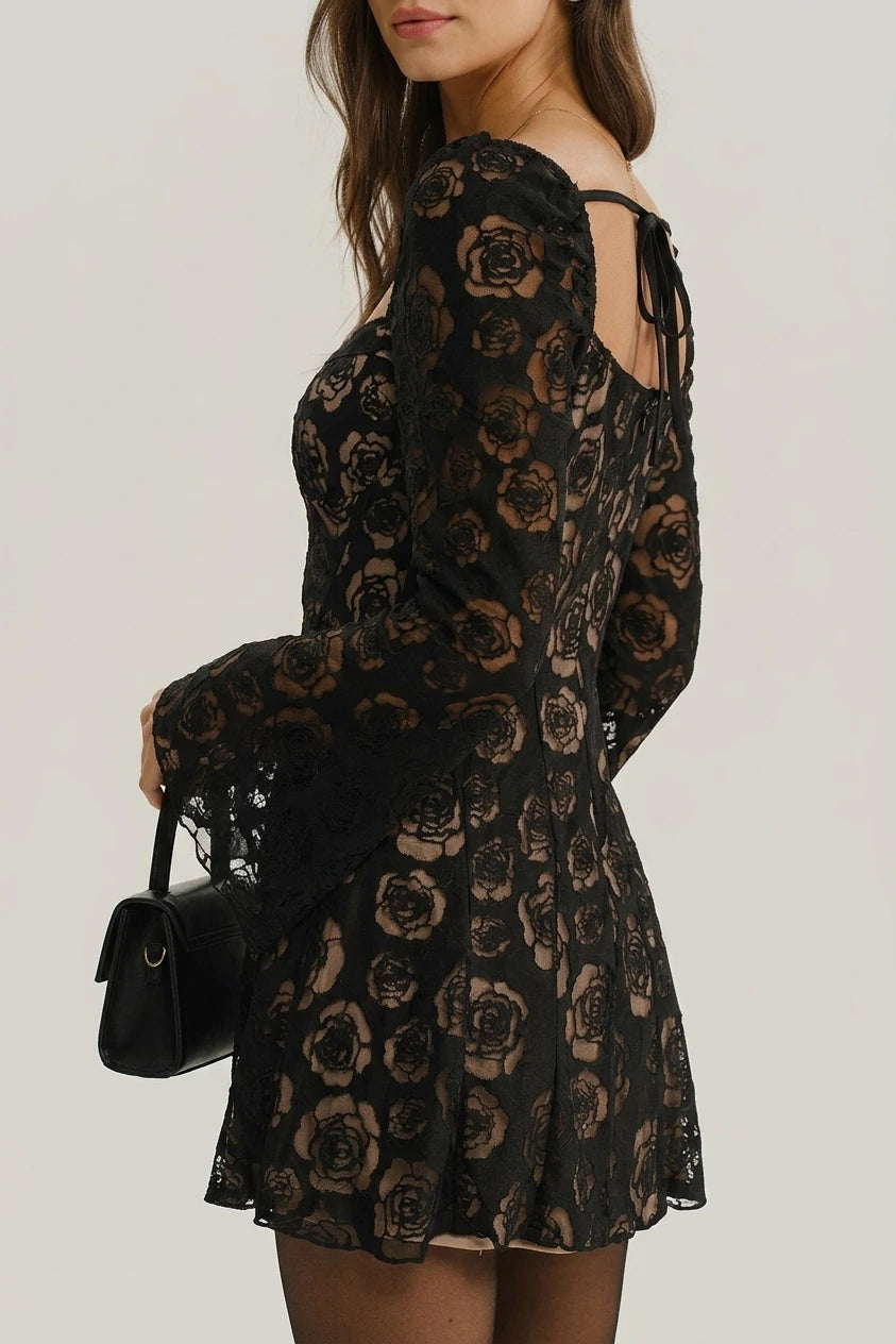 Black See Through Bell Sleeve Mini Dress — variant_front