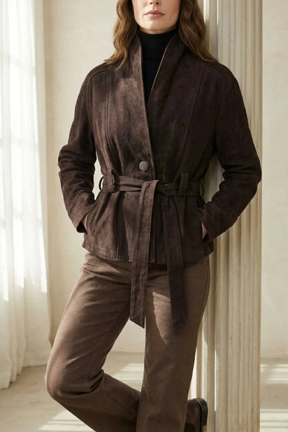 Cropped Double-Breasted Wool Jacket With Belted Waist And High Collar