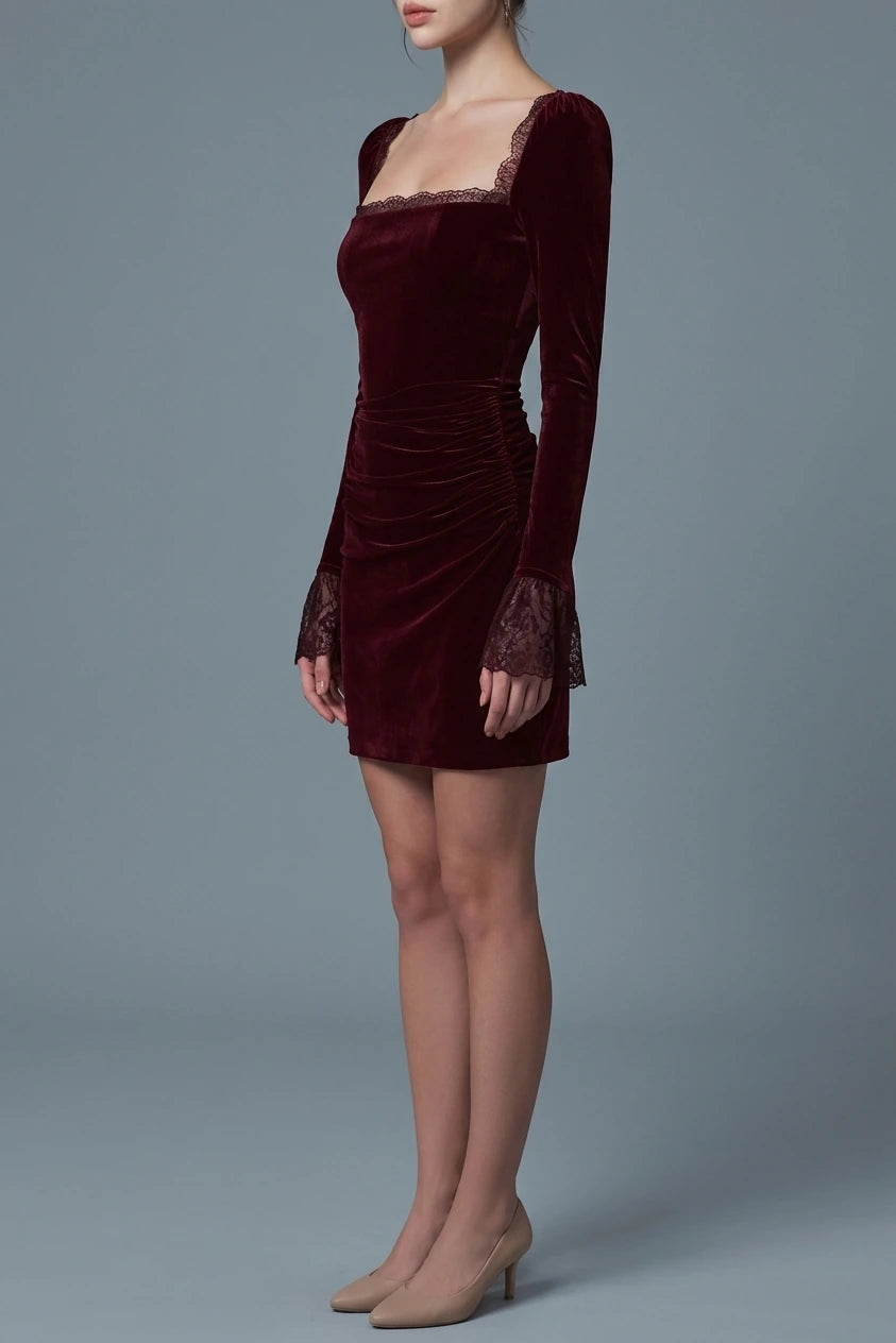 Wine Red Velour Square Neck Mini Dress — variant_front