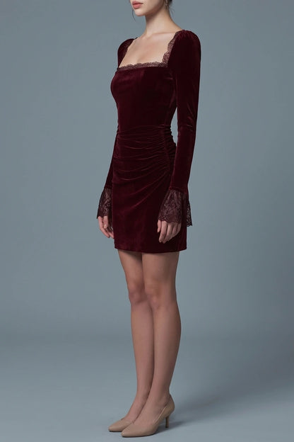 Wine Red Velour Square Neck Mini Dress — variant_front