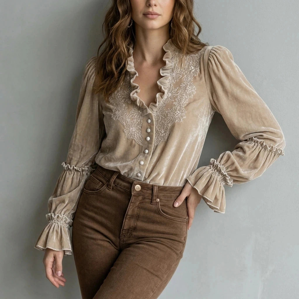 Embroidered Velvet Blouse Lace-Trimmed Romantic Floral Statement Top