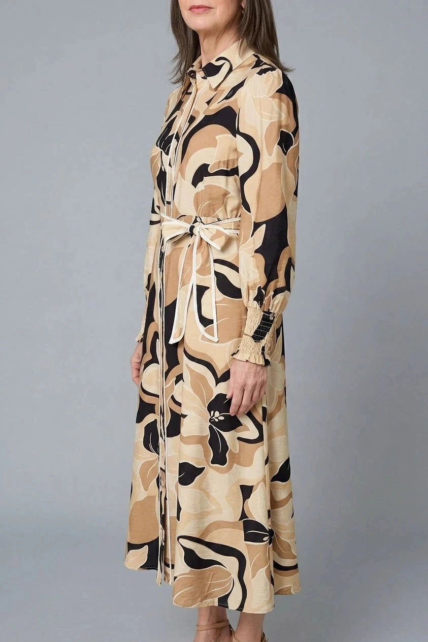 Abstract Floral Midi Shirt Dress Belted Button-Front Long Sleeve