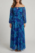 Off Shoulder Long Sleeve Floral Maxi Dresses With Belted Waist