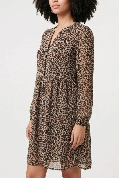 Animal Print Long Sleeve Short Dress V-Neck Button-Front Tiered Mini