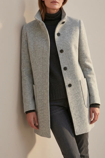 Women's Stand Collar Coat with Button Front and Patch Pockets — variant_front