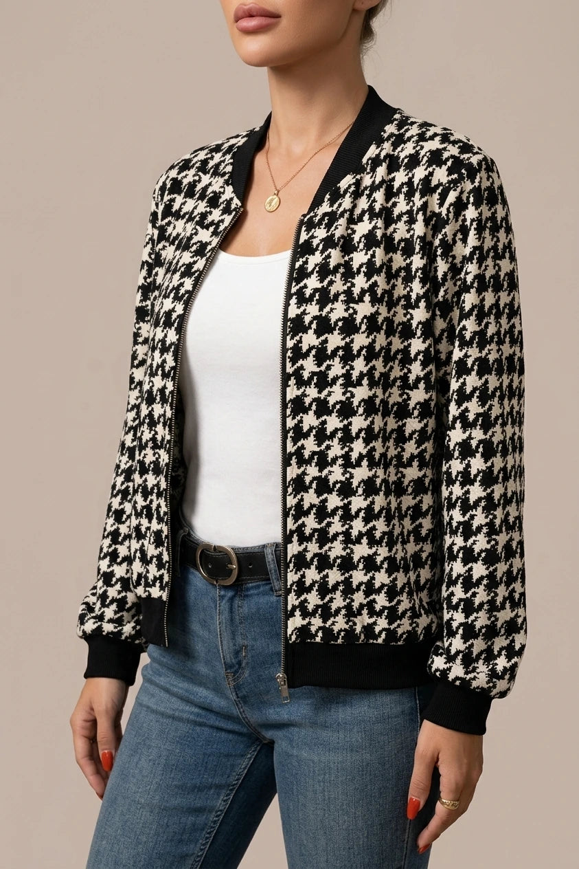 Chic Houndstooth Bomber Jacket with Black Ribbed Trim — variant_front
