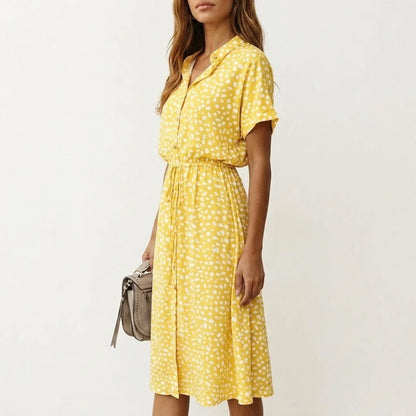 Women's Midi Dress with Button Front and Drawstring Waist — variant_front