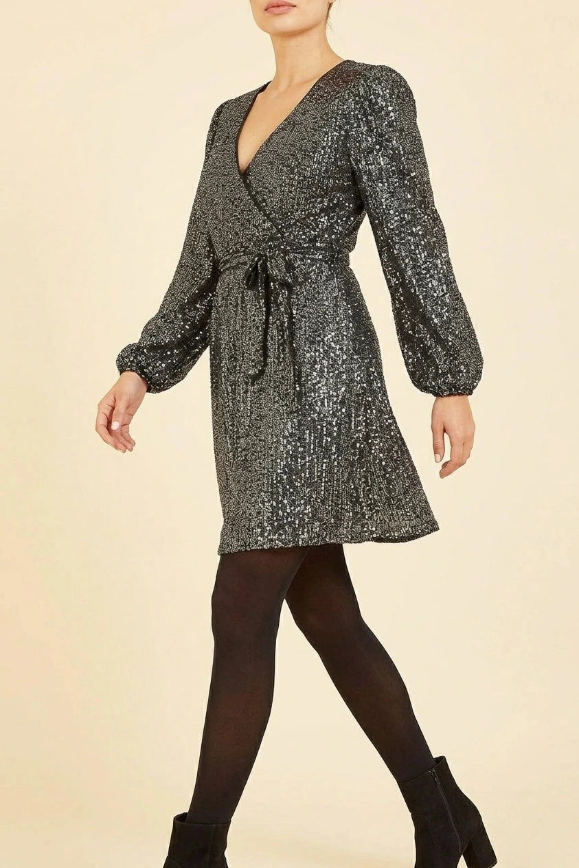 Belted Sequin Wrap V Neck Long Sleeve Dress
