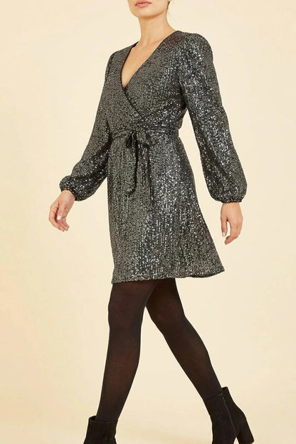 Belted Sequin Wrap V Neck Long Sleeve Dress