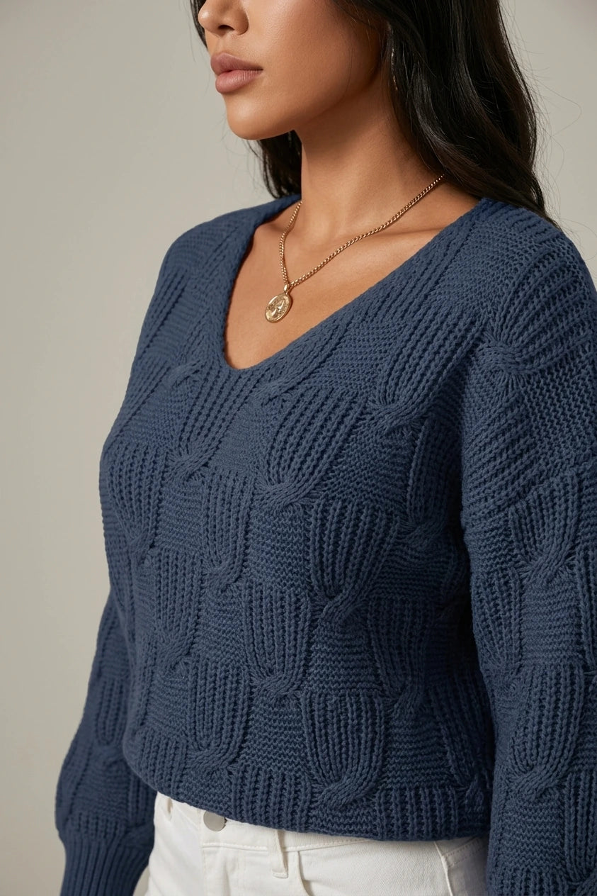 Cable Knit Sweater with V-Neckline and Puff Sleeves — variant_front