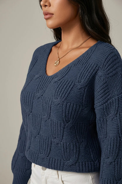 Cable Knit Sweater with V-Neckline and Puff Sleeves — variant_front