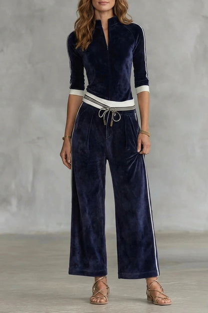 Luxe Velour Track Co-Ord Zip-Up Top And Wide-Leg Pants