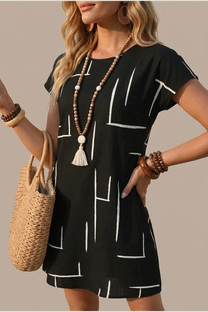 Notch Neck Shift Short Sleeve Knee Length Dresses With Abstract Print