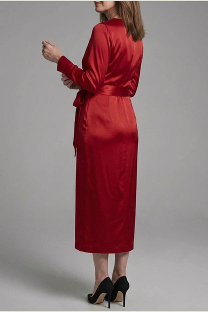 Satin Wrap Midi Dress With V-Neck Tie Waist And Long Sleeves