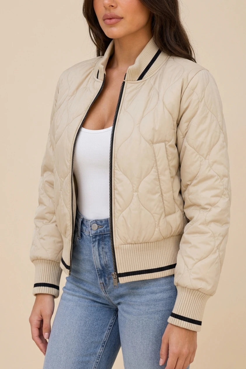 Women’s Quilted Bomber Jacket – Ribbed High Neck Zip-Up Coat — variant_front