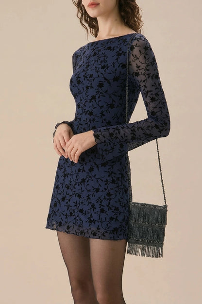 Women's Blue See-through Long Sleeve Mini Dress — variant_front