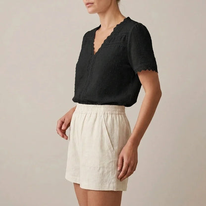 Bohemian Lace Trim Blouse with Swiss Dot Texture and V-Neckline — variant_front