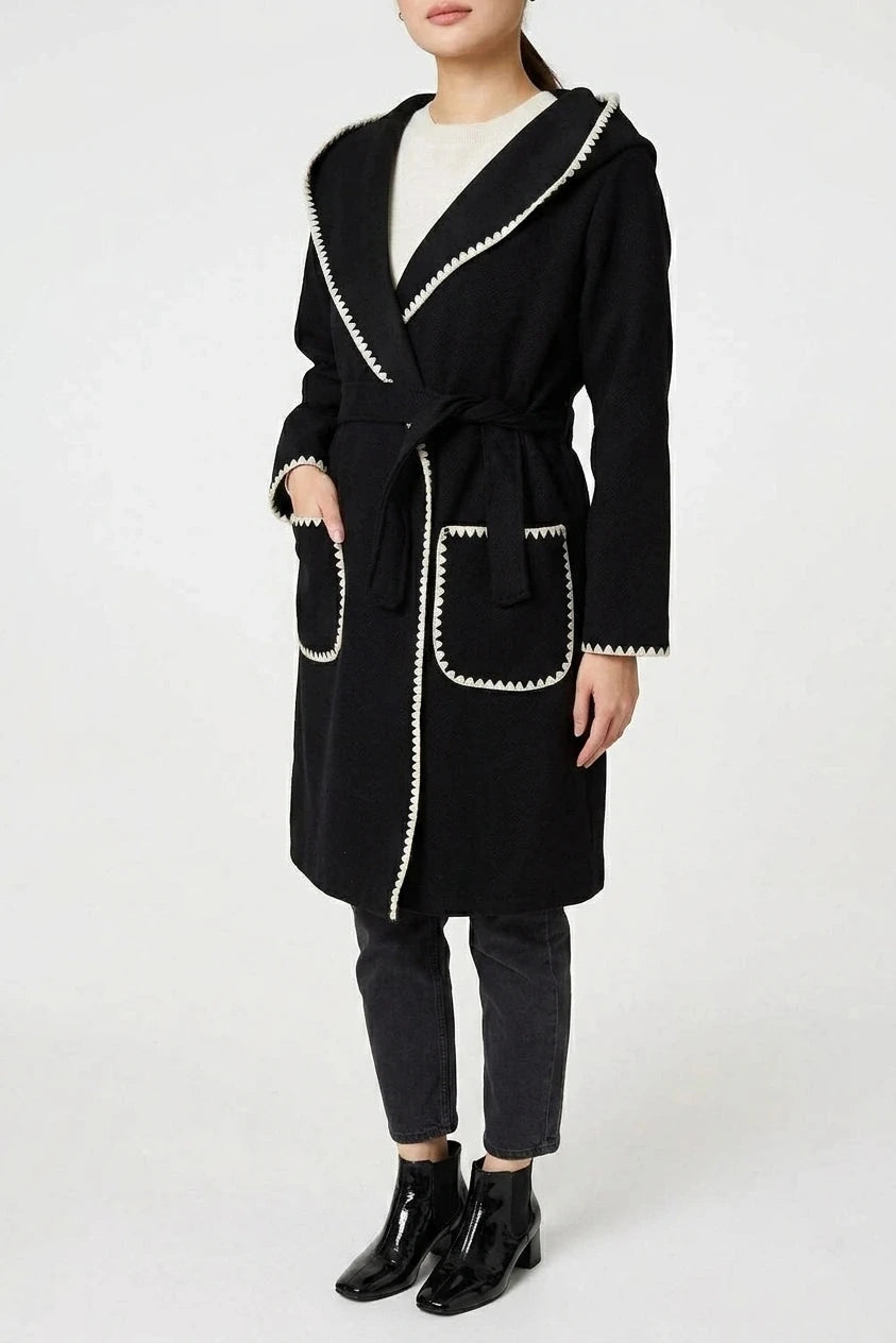 Blanket Stitch Tie Waist Longline Coat Hooded Belted With Patch Pockets