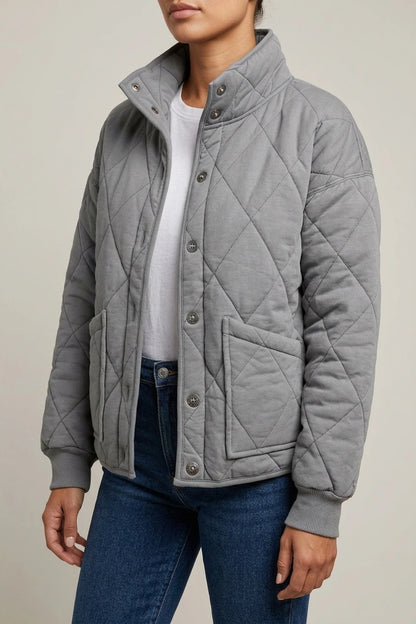 Relaxed Diamond Quilted Jacket with Stand Collar and Front Pockets — variant_front