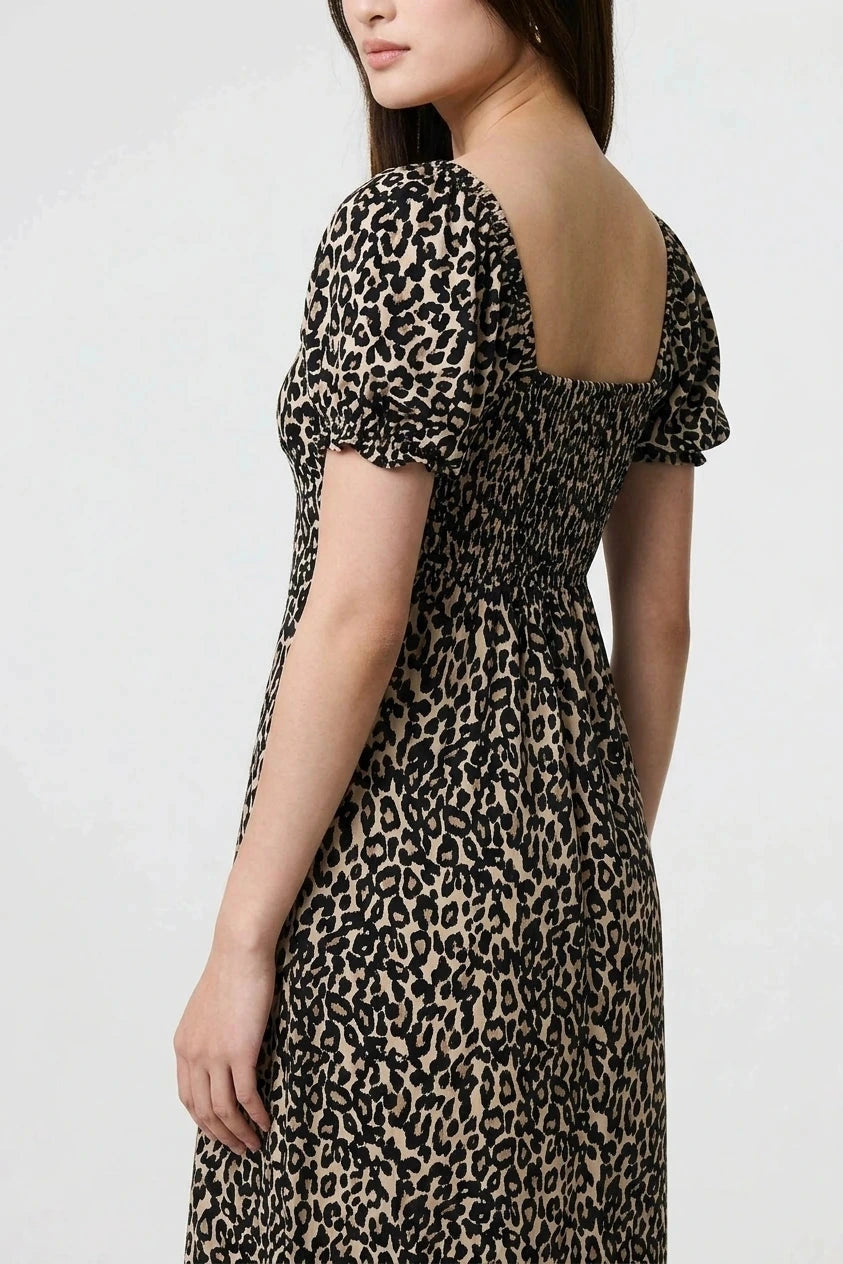 Animal Print Short Puff Sleeve Maxi Dress With V Neck And Pockets