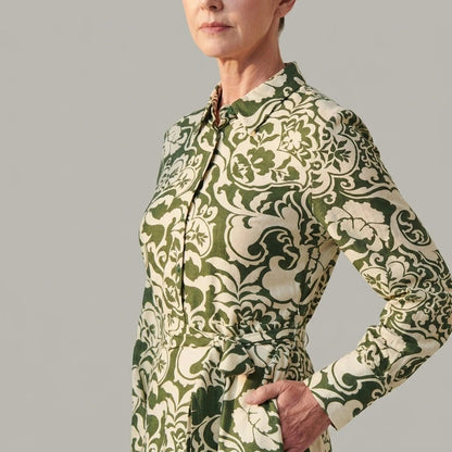 Collared Tie-Waist Printed Long Sleeve Shirt Midi Dress